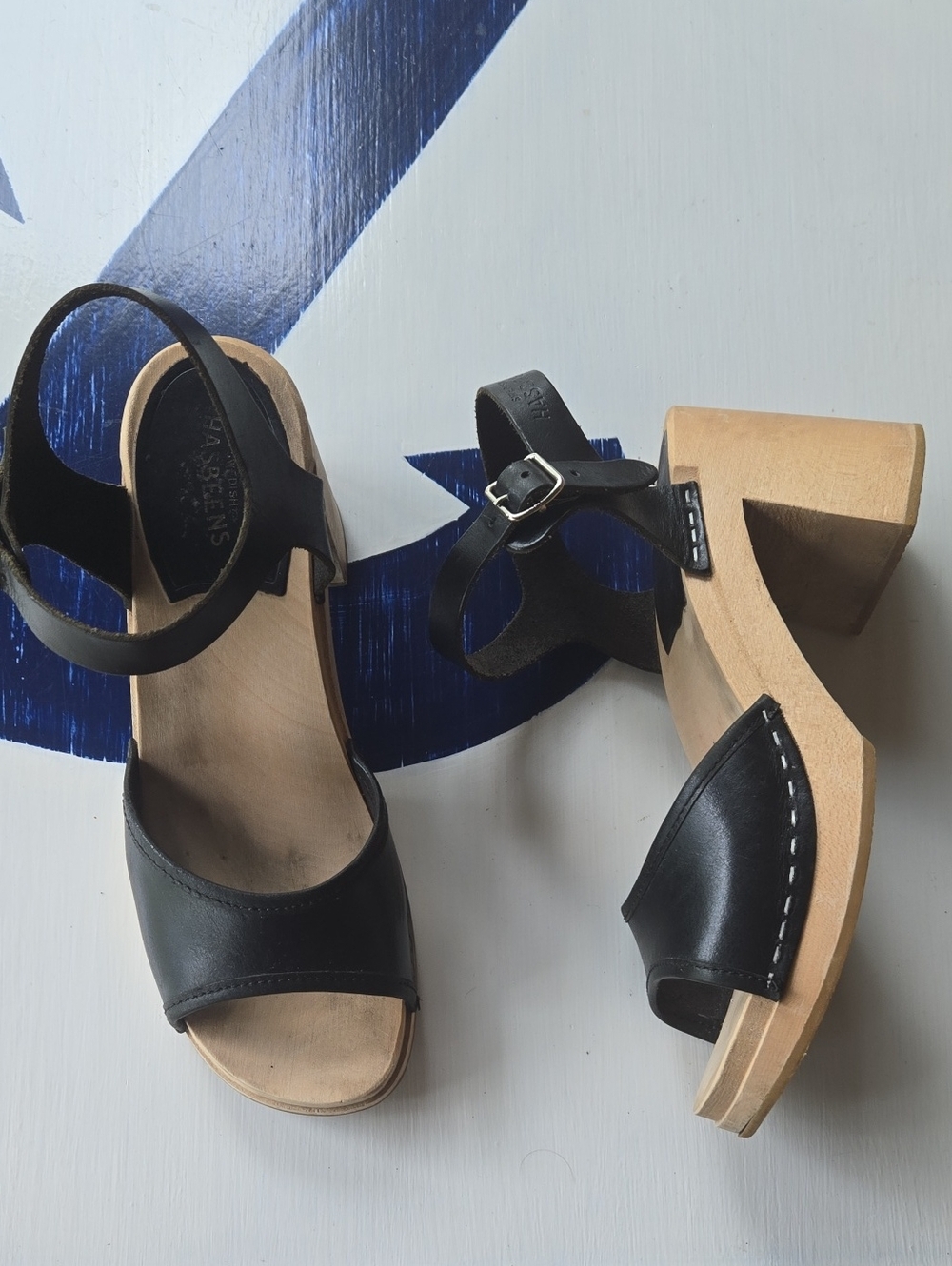 Swedish Hasbeens Chunky Block Wooden Heel Ankle Strap Clog Sandal